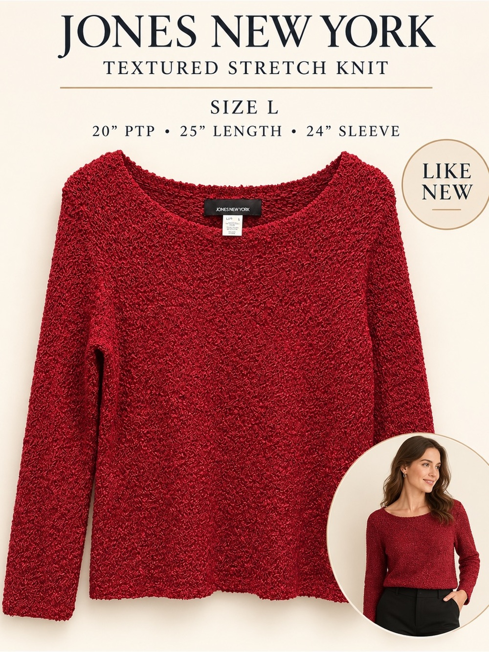 Jones New York Red Textured Stretch Knit Sweater Women’s L